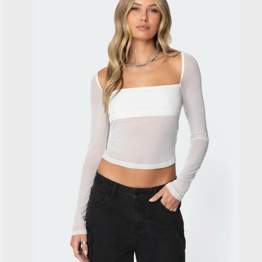 Edikted White Sheer Long Sleeve Top